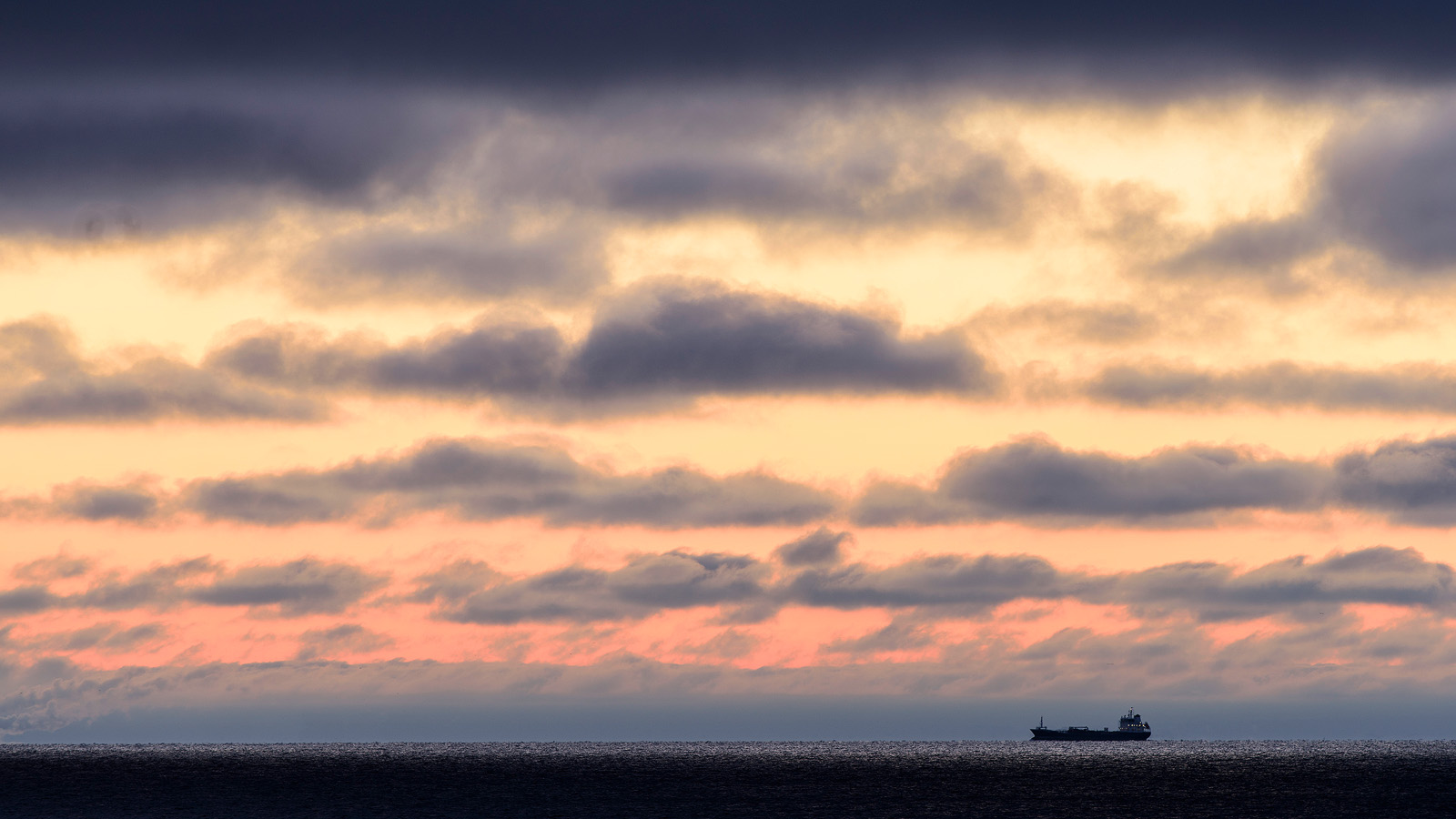 Ensomt skib i solopgangen, Øresund